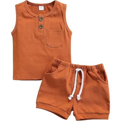 Summer Toddler Baby Boy Girl Clothes Set Unisex Waffle Outfits Solid Short Sleeve Pocket Tops Shorts 2PCS