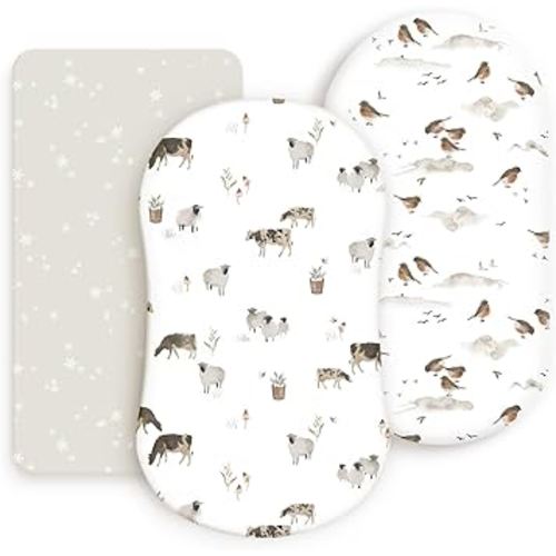 Stretchy Ultra Soft Fitted Bassinet Sheet Set 3 Pack, Universal Fit for Bassinets Baby Cradle Moses Basket Oval Rectangle Mattress Safe and Snug, Cute Watercolor Cows and Birds Print
