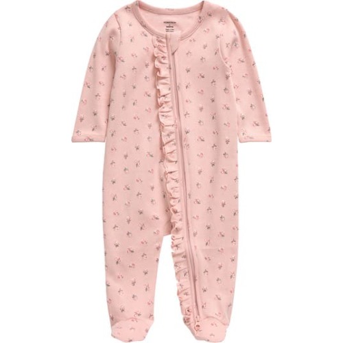 Floral Ruffle Zip-Up Cotton Footie, Newborn