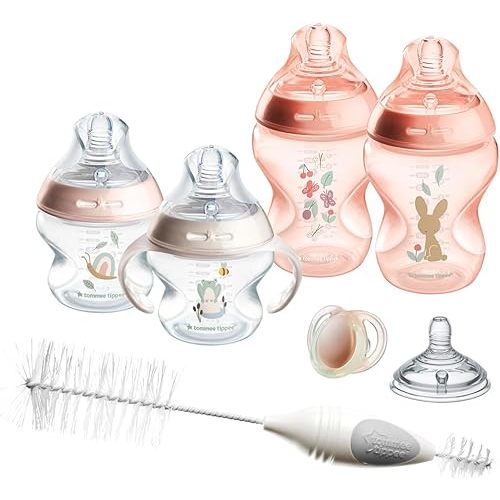 Tommee Tippee Natural Start 8 Piece BPA Free Bottle Set, Includes 2 x 5 oz & 2 x 9 oz Bottles, 1 x Medium Flow Nipple, 1 x 0-6m Pacifier, 1 x Removable Bottle Handle, 1 x Cleaning Brush, Pink