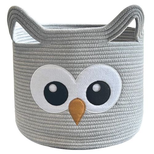 VK VK·LIVING Owl Storage Basket for Gift Foldable Cute Nursery Animal Toy Basket with Handles, Large Cotton Rope Baby Laundry Storage Organizer for Blanket Towels in Living Room Bedroom 15"Lx14"H