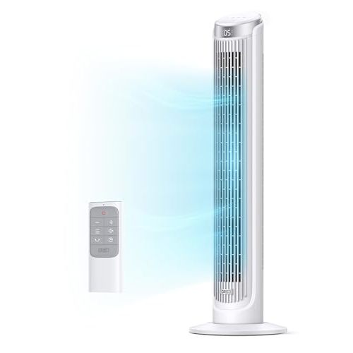 Dreo Tower Fans for Bedroom, 90°Oscillating Fans for indoors,5 Speeds 4 Modes Max 26ft/s, 12H Timer, LED Display with Touch, Remote, 40" Quiet Bladeless Standing Floor Fan for Home Office, White