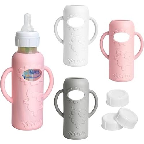 3 Pack Silicone Sleeves for Dr Brown Natural Glass Baby Bottles, Food Grade Anti Breakage Baby Bottle Holder with Handles and 3pcs Travel Bottle Caps (White+Pink+Grey, 8oz)