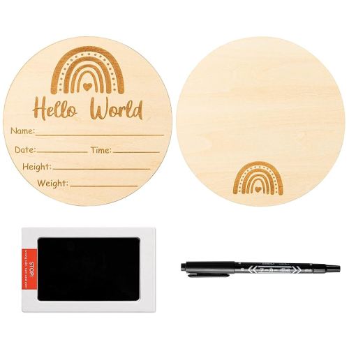 R HORSE Baby Birth Announcement Sign with Marker Pen, Boho Rainbow Baby Name Sign with Ink Pad for Hand and Footprints, Wooden Hello World Newborn Announcement Nursery Decor Keepsake Gifts