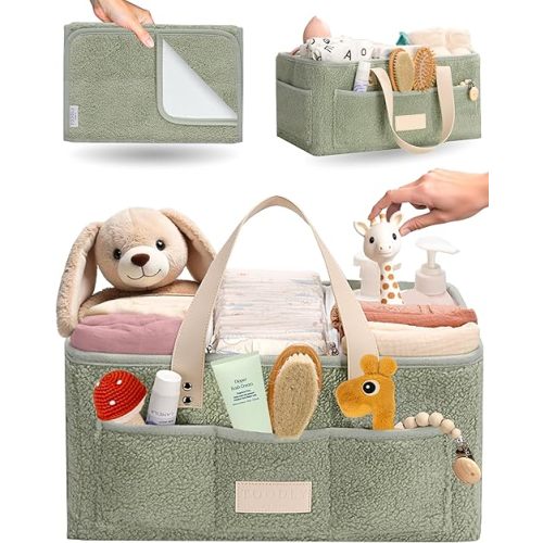 Baby Diaper Caddy Organizer with Portable Changing Mat - Teddy Fleece Diaper Organizer for Changing Table - Basket for Changing Essentials - Baby Essentials Organizer with Removable Dividers