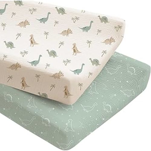 Konssy 2 Pack Muslin Changing Pad Covers for Boys, Ultra Soft & Breathable Cotton Baby Diaper Changing Table Covers, Neutral Nursery Diaper Changing Pad Sheets (Dino Jungle,Sage Dino