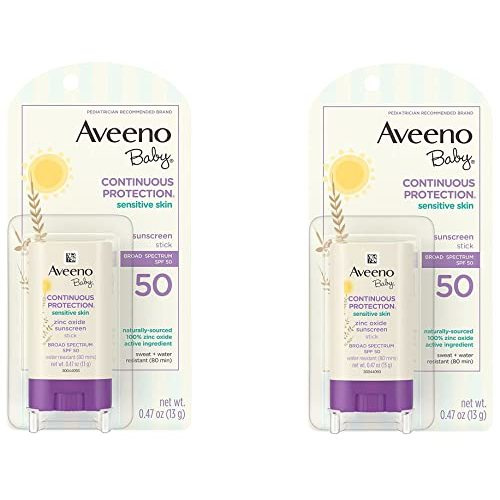 Aveeno Baby Continuous Protection Mineral Sunscreen Stick for Sensitive Skin with Broad Spectrum SPF 50 Protection for Face & Body, Naturally Sourced 100% Zinc Oxide, Travel Size, 0.47 oz (Pack of 2)