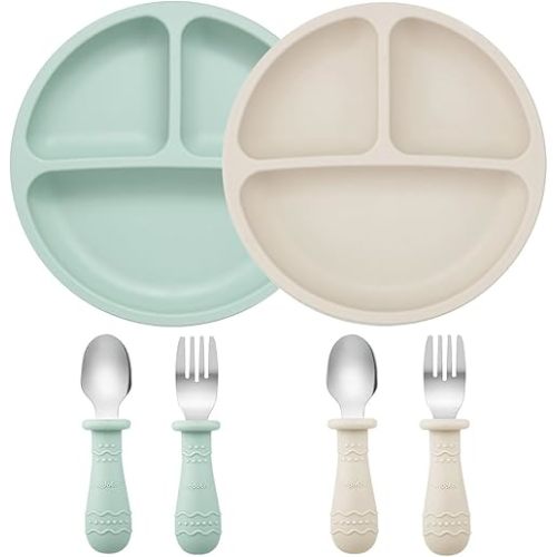 PandaEar Baby Feeding Set| 2 Pack Silicone Divided Suction Plate, 2 Set Toddler Spoons & Forks| Baby Led Weaning Supplies Self Feeding Eating Utensils
