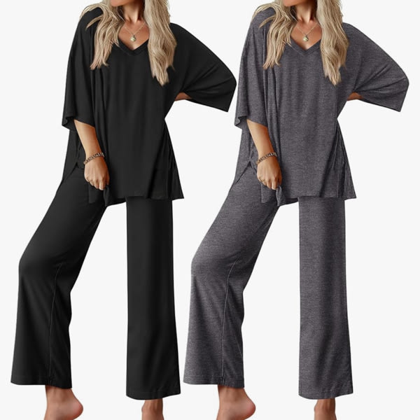 Ekouaer 2 Packs Lounge Sets for Women Short Sleeve Pajamas Set V Neck Top and Long Pants Comfy Pjs Outifts with Pockets