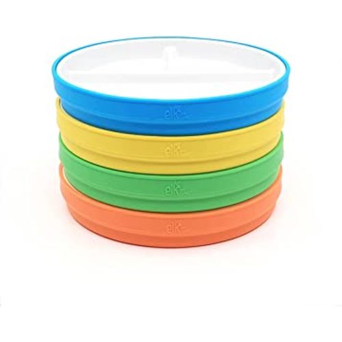 Elk and Friends Kids 6.7” Porcelain White Plates with Silicone Sleeves | Divided Plates | Suitable for Kids/Toddlers | Microwave & Dishwasher Safe | Non Slip | Snack Dishes…