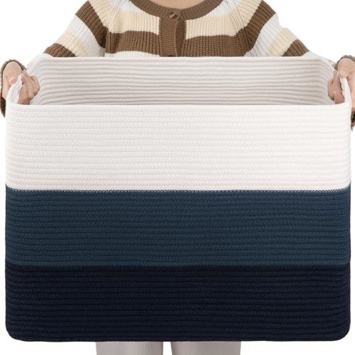 OIAHOMY 108L Large Cotton Rope Basket, Rectangle Woven Baskets for Storage, Nursery Blanket Storage Living Room, Toy Basket With Handle-25”x16”x16”-Gradient Blue
