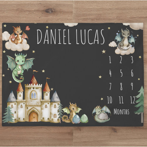 Dragon Milestone Blanket Personalized Baby Boy Month Blanket Fairy Tale Nursery Custom Age Newborn Calendar Tracker New Mom Baby Shower Gift