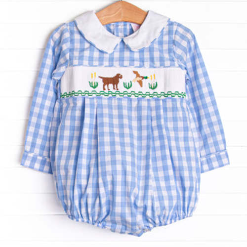 Hunting Hound Smocked Bubble, Blue – Stitchy Fish