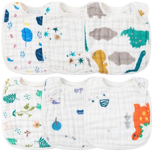 Zainpe 6Pcs Snap Muslin Cotton Baby Bibs Dinosaur Star Bear Pattern Bib, Adjustable Burp Cloths with 6 Absorbent & Soft Layers for Infants Newborns Toddlers Drooling Feeding Teething