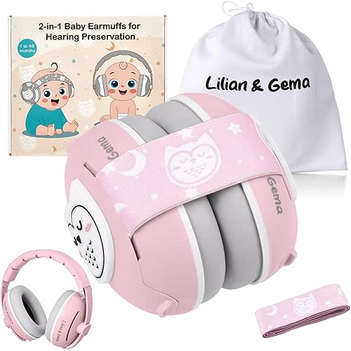 Lilian&Gema 2-in-1 Baby Ear Muffs Noise Protection, Adjustable Headphones with Band, Owls Noise Cancelling Headphones for Babies & Toddler up to 4 Years, Baby Airplane Essentials/Outdoor, Pink