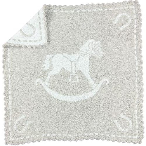Barefoot Dreams CozyChic Scalloped Baby Receiving Blanket - Stone & Rocking Horse
