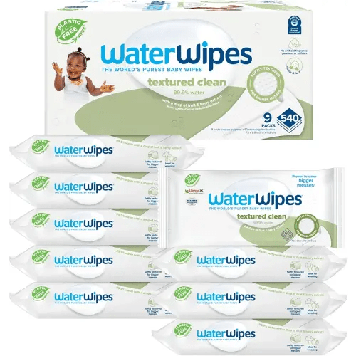 WaterWipes Plastic-Free Textured Clean, Toddler & Baby Wipes, 99.9% Water Based Wipes, Unscented & Hypoallergenic for Sensitive Skin, 540 Count (9 packs), Packaging May Vary