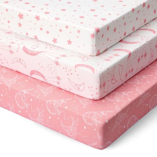 Pack and Play Sheets Fitted 3 Pack, Mini Crib Sheets for Pack N Play Mattress Stretchy Portable Playard Sheets, Soft Breathable Pink White Moon