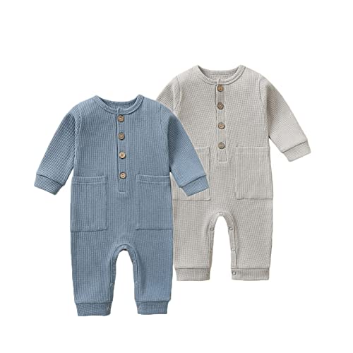 BeiVSlley Newborn Baby Boy Girl 2 Pack Button Solid Romper Infant Long sleeve Knit Cotton Footless Outfits Clothes