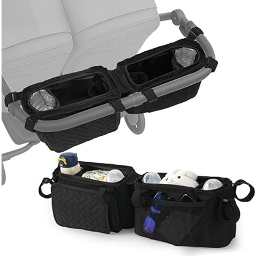 Double Stroller Caddy Organizer with 2 Insulated Cup Holder, Parent Console Fits for BOB Duallie, Jeep, Baby Jogger City Mini GT2 and UPPAbaby, Double Jogging Stroller Accessories