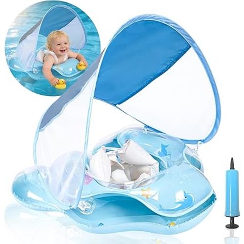 Baby Pool Float with UPF50+ Sun Protection Canopy, Inflatable Baby Float with Adjustable Safety Seat for Toddler from 3 to 12 Months, Baby Swim Float with Dual Air Chambers for Boys Girls(Small, Blue)