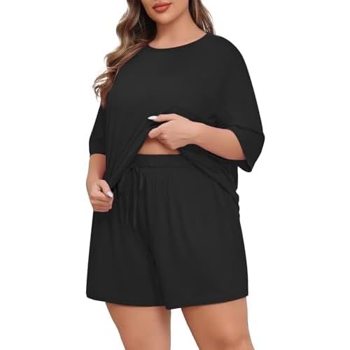 Lastshe Womens Plus Size Pajama Set 2 Piece Soft Short Sleeve with Pockets Shorts Sleepwear Knit Pjs Lounge Set Sweatsuits
