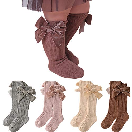 Merqwadd 4-Pack Baby Girls Knee High Socks Infants Toddlers Bow Knit Socks Cotton Tube Ruffled Stockings