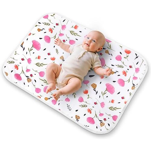 Diaper Changing Pads for Baby, Flower Change Mat, 3Layers Waterproof Change Pad Foldable Absorbent Mats for Women, Reusable Incontinence Underpads for Patient 24''x30'' (Purple Flower)