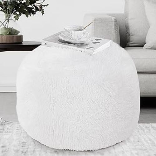 Round Stuffed Pouf Ottoman, Long Plush Faux Fur Pouf with Supportive Filling, Fluffy & Furry Couch Foot Stool Storage Ottoman for Living Room, Bedroom and Kids Room, Floor Pouf Foot Rest