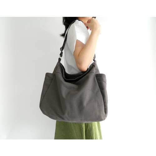GRAY Hobo Diaper Bag, Women Vegan Tote Bag , Travel Cross body Messenger Bag, Canvas Shoulder Bag Water resistant - no.101 RENEE