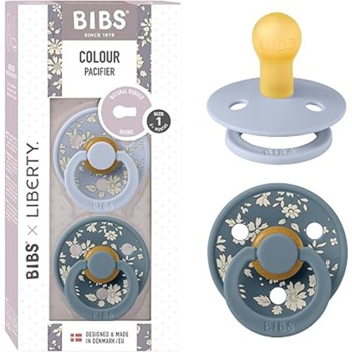 BIBS Liberty Pacifier | 2 Colour Natural Rubber Latex Soothers | BPA Free Dummy Pacifier | Round Nipple | Designed & Made in Denmark | Capel Dusty Blue