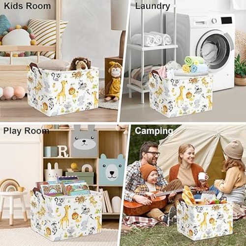 Clastyle Rectangular Baby Storage Basket Large Collapsible Kid Toy Bin Nursery Classroom Books Shelf Basket Shower Towel Gift Basket Giraffe Lion Elephant Pet Basket(Animal) - Adorable Animals - 40*30*30 cm