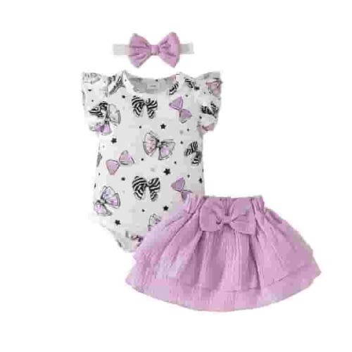 Girls Outfits Girls Bowknot Prints Romper Bodysuits Skirts Headbands Set Baby Summer Clothes 6 Months-9 Months