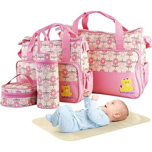 5PCS Diaper Bag Tote Set for Baby Essentials – Large Baby Bags for Mom, Waterproof Maternity Bags with Bottle Bag, Food Bag & Changing Pad (Pink)