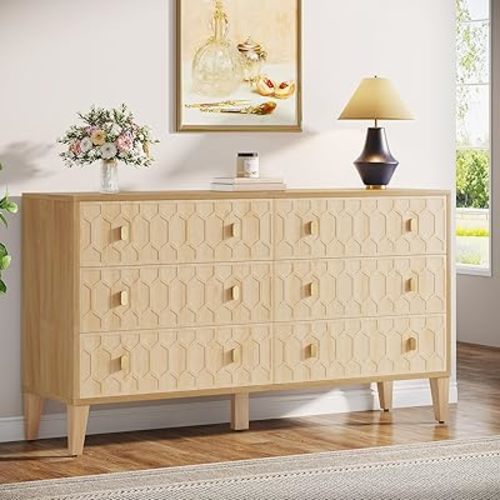 Tribesigns 55-Inch Chest of Drawers, Wood 6-Drawer Double Wide Dresser with Solid Wooden Legs, Large Dresser Chest Cabinet for Closet, Living Room, Entryway