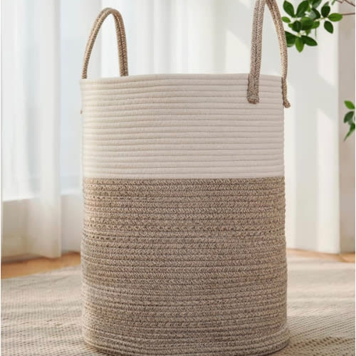 Large Woven Laundry Basket Hamper,60L Cotton Rope Storage Bin for Blankets,Toys and Clothes,Decorative Tall Nursery Hamper for Living Room,Baby Nursery,Bathroom and Bedroom,Brown