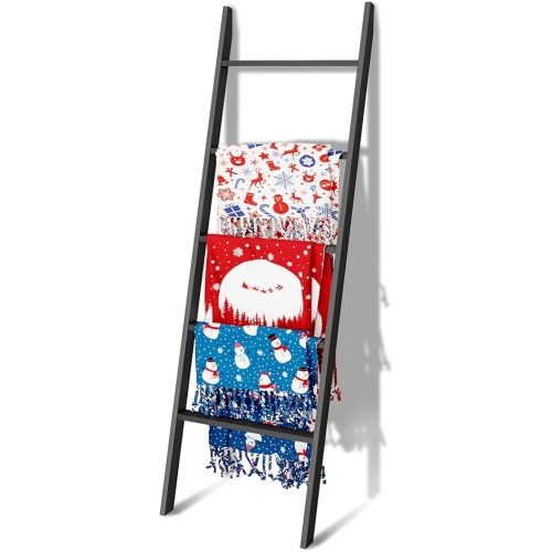 5-Tier Blanket Ladder Wooden, Non-Folding 4.8FT(57.5'') Blanket Quilt Towel Holder Rack Decorative Ladder, Easy Assembly, Rustic Farmhouse Ladder Shelf for The Living Room Bedroom Home Decor, Black