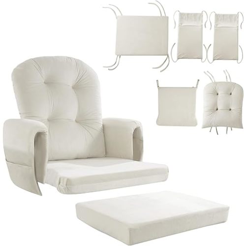 HOMBYS Glider Rocker Replacement Cushions 5 PCS with Storage Side Pocket, Velvet Fabric, Foam & Microfiber Filling, Non-Slip & Washable,Thickened & Supportive for Glider Rocking Chair