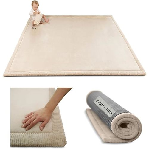 Premium Baby Play Mat 60”x 80” Beige – Cloud-Soft Coral Velvet Memory Foam Rug for Crawling & Play – Non-Slip, Water-Resistant, Care Tummy Time Mat – Non-Toxic Padded Playmat