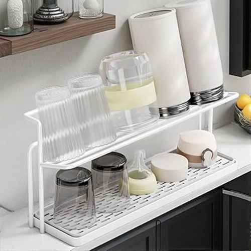 Water Bottle Drying Rack With Drain Tray - 2-Tier Kitchen Cup Storage and Mug Organizer (White)