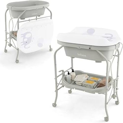 INFANS 2 in 1 Baby Changing Table with Bath Tub Unit, Folding Diaper Dresser Station with Wheels Waterproof Pad Storage Rack, Portable Nursery Organizer Stand for Newborn Infant (Light Grey)