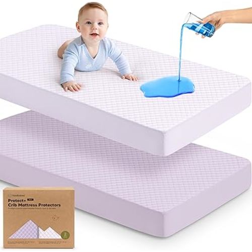 2-Pack Waterproof Crib Mattress Protector Cover Fitted - Quiet Baby Crib Mattress Pad Sheets, 52" x 28" Soft Quilted Cotton Baby Sheet, Machine Washable, Easy Fit, Durable (Lilac/Quin)
