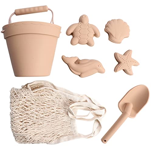BraveJusticeKidsCo. Silicone Beach Toys - Modern Baby Travel Friendly Beach Set | Bucket, Shovel, 4 Sand Molds, Bag | Sand Toys for Toddlers, Kids - 7pc (Warm Sand)