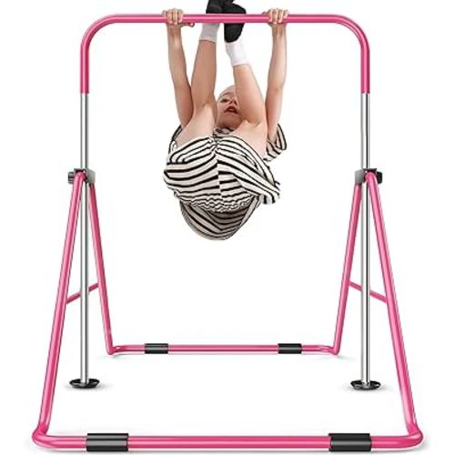 Sportsroyals Gymnastics Bar for Kids,Adjustable Height Gymnastic Horizontal Bars,Folding Gymnastic Junior Training Kip Bar for Home, Pink