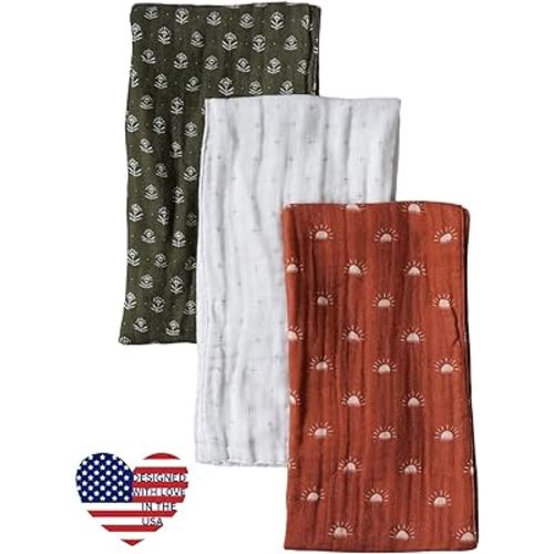 Organic Muslin Burp Cloths, Set of 3 | 100% Cotton Boho Extra-Large 22"x12" Soft Absorbent Shower Gift Essentials Gear Three Pack Burping Cloth Rags Towels for Newborn Boys Girls