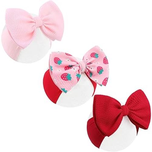 3 Pcs Baby Girl Headbands 6’’ Pink Bows Strawberry Hair Accessories Summer Outfits for Newborn Infant Toddler Girls Clothes
