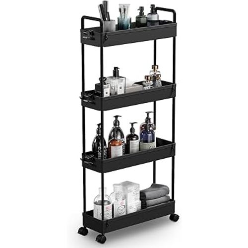 SOLEJAZZ Slim Storage Cart, 4 Tier Bathroom Organizer Mobile Shelving Unit, Rolling Utility Cart Slide Out Organizer for Kitchen, Bathroom, Laundry, Narrow Places, Black