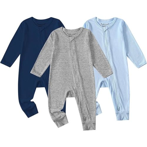 Jimonda Rayon From Bamboo Baby Boys/Girls Pajamas 3pcs, 2-Way Zipper Long Sleeve Footless Sleepers Soft Ribbed Pjs