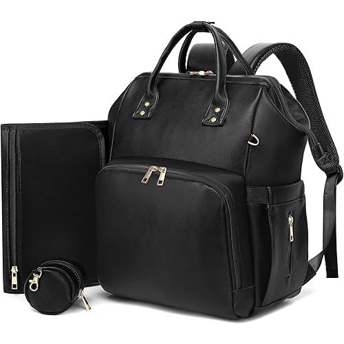 Lightweight Vegan Leather Diaper Bag Backpack with Waterproof Changing Pad – Reinforced Stitching & Zippers, Baby Bag for Boy Girl, Stroller Straps, Ergonomic Design for Traveling Moms, Black