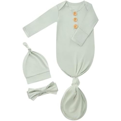 Newborn Knotted Gown Set, Soft Breathable Baby Sleep Gown with Hat & Headband for Boys Girls